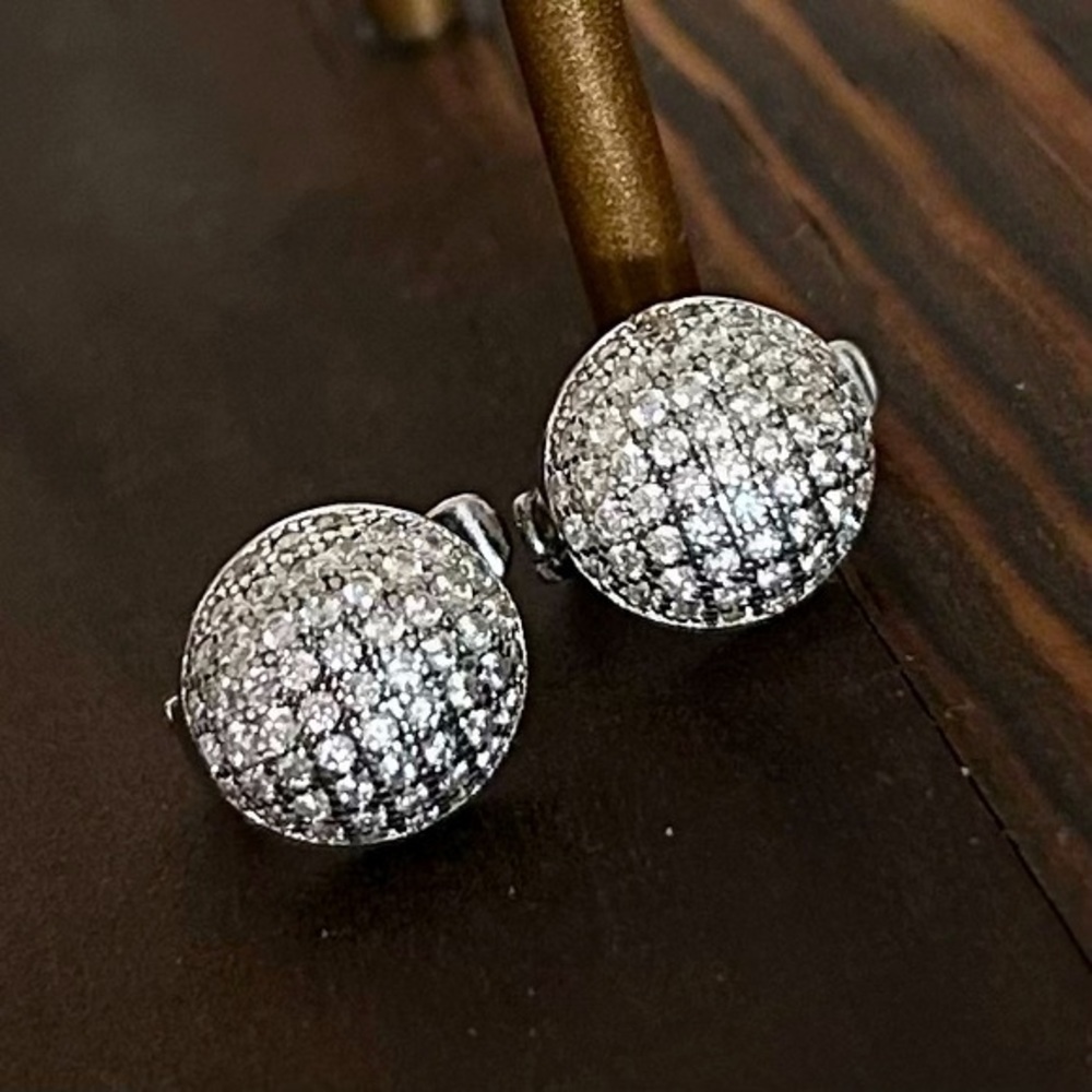 NWT Sterling Silver Pavé Crystal Button Earrings - Picture 2 of 14